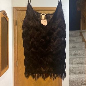 Black fringe tank top, bust is double lined, rest of top is see through